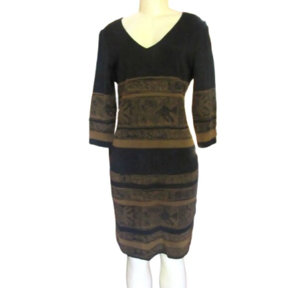 Peruvian Connection Black/Brown Aztec Print Pima Cotton Sweater Dress Size M - Picture 2 of 11